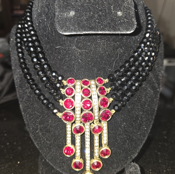 Heidi Daus "An Affair to Remember" Crystal Multi-Row Black&Red Choker/Necklace - Picture 2 of 5